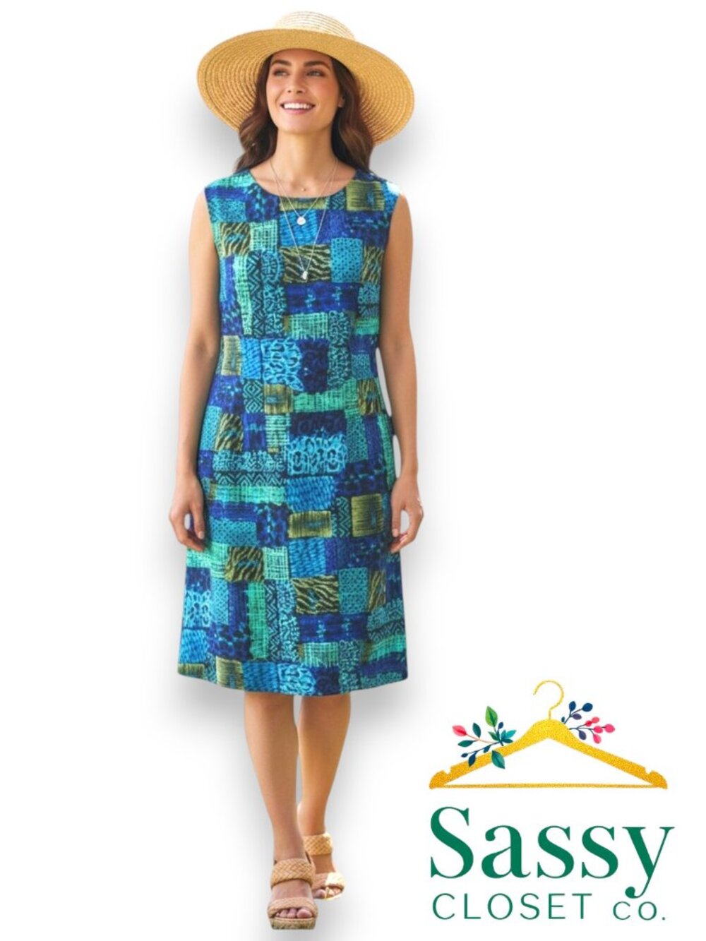 ✨ LANY Boho Mixed Print Shift Dress L EUC Blue Green Mosaic Resort Keyhole 🩵